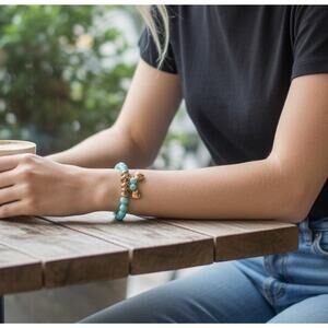 Mint Green Bead And Gold Heart Boho Bracelet Stretch